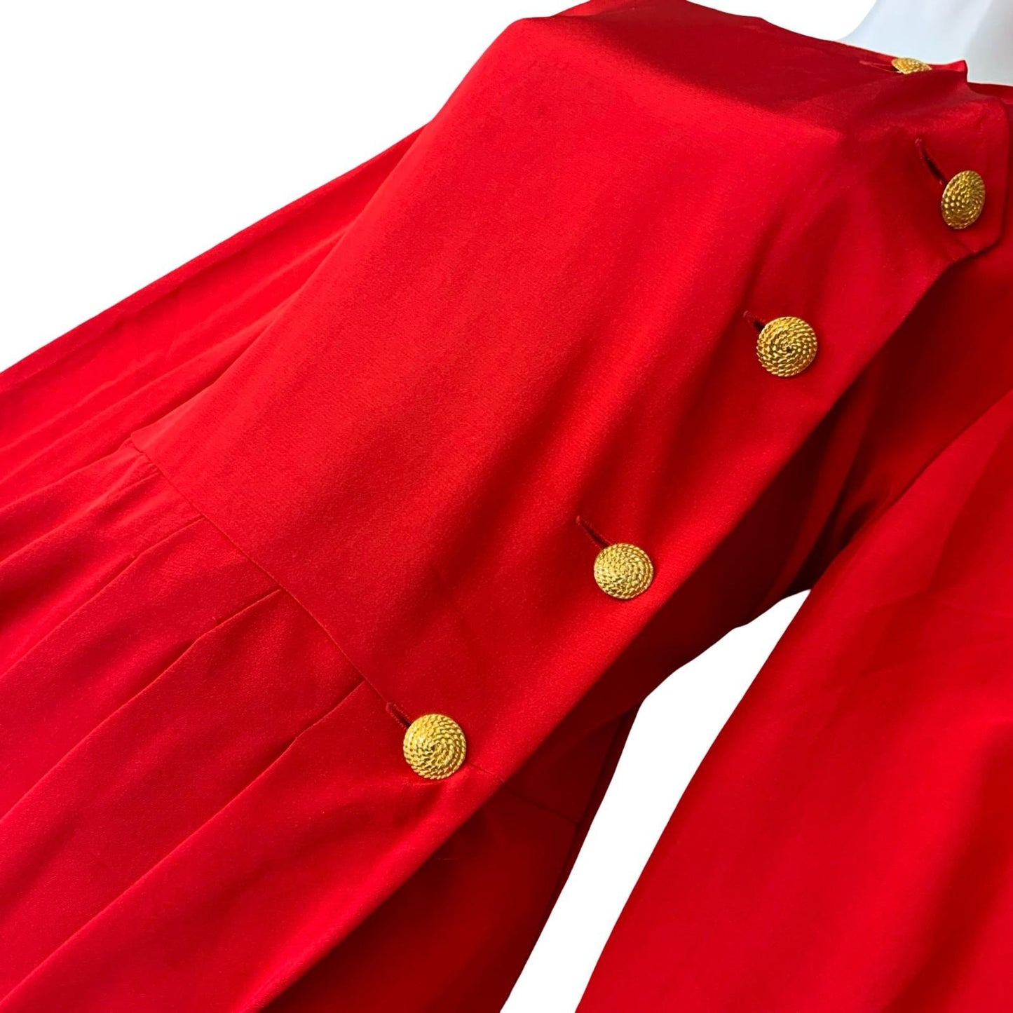 80s 'Luisa Spangoli' Red Elegant Gold Button Winter Evening Dress UK 12/14