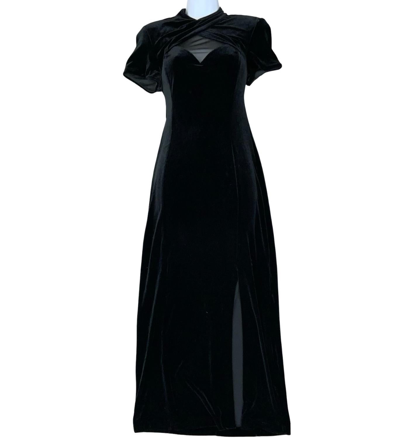Vtg Y2K 'S.L.Fashions' Black Velvet Dark Romantic Prom Elegant Maxi Dress UK 10