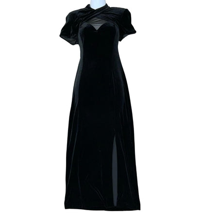 Vtg Y2K 'S.L.Fashions' Black Velvet Dark Romantic Prom Elegant Maxi Dress UK 10