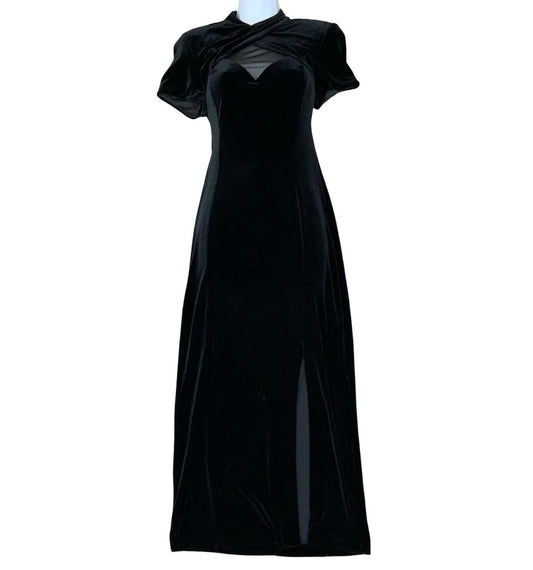 Vtg Y2K 'S.L.Fashions' Black Velvet Dark Romantic Prom Elegant Maxi Dress UK 10