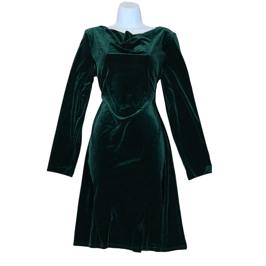 Vtg 80s 90s 'Social Circles' Green Velvet Cowl Neck Stretch Party Dress UK 14
