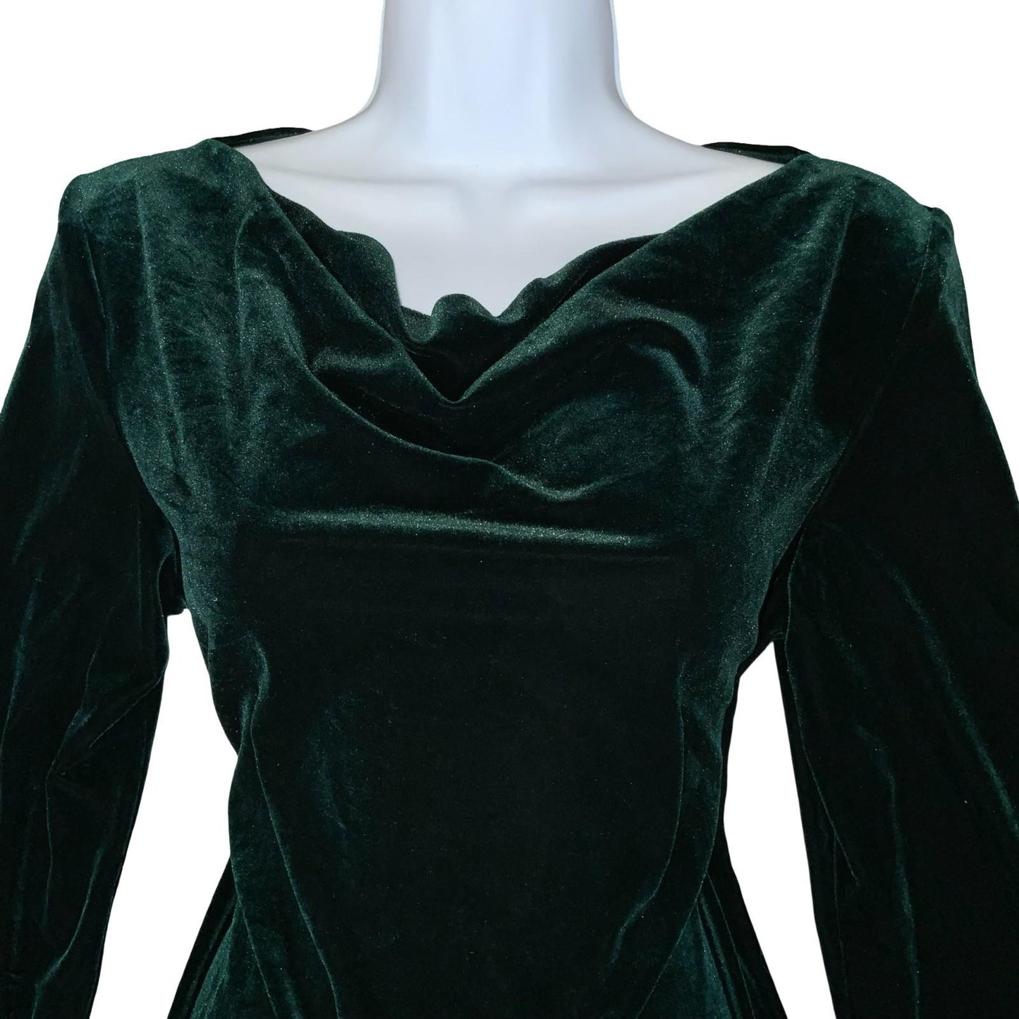 Vtg 80s 90s 'Social Circles' Green Velvet Cowl Neck Stretch Party Dress UK 14