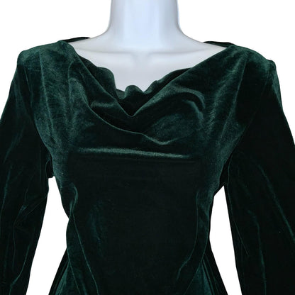 Vtg 80s 90s 'Social Circles' Green Velvet Cowl Neck Stretch Party Dress UK 14