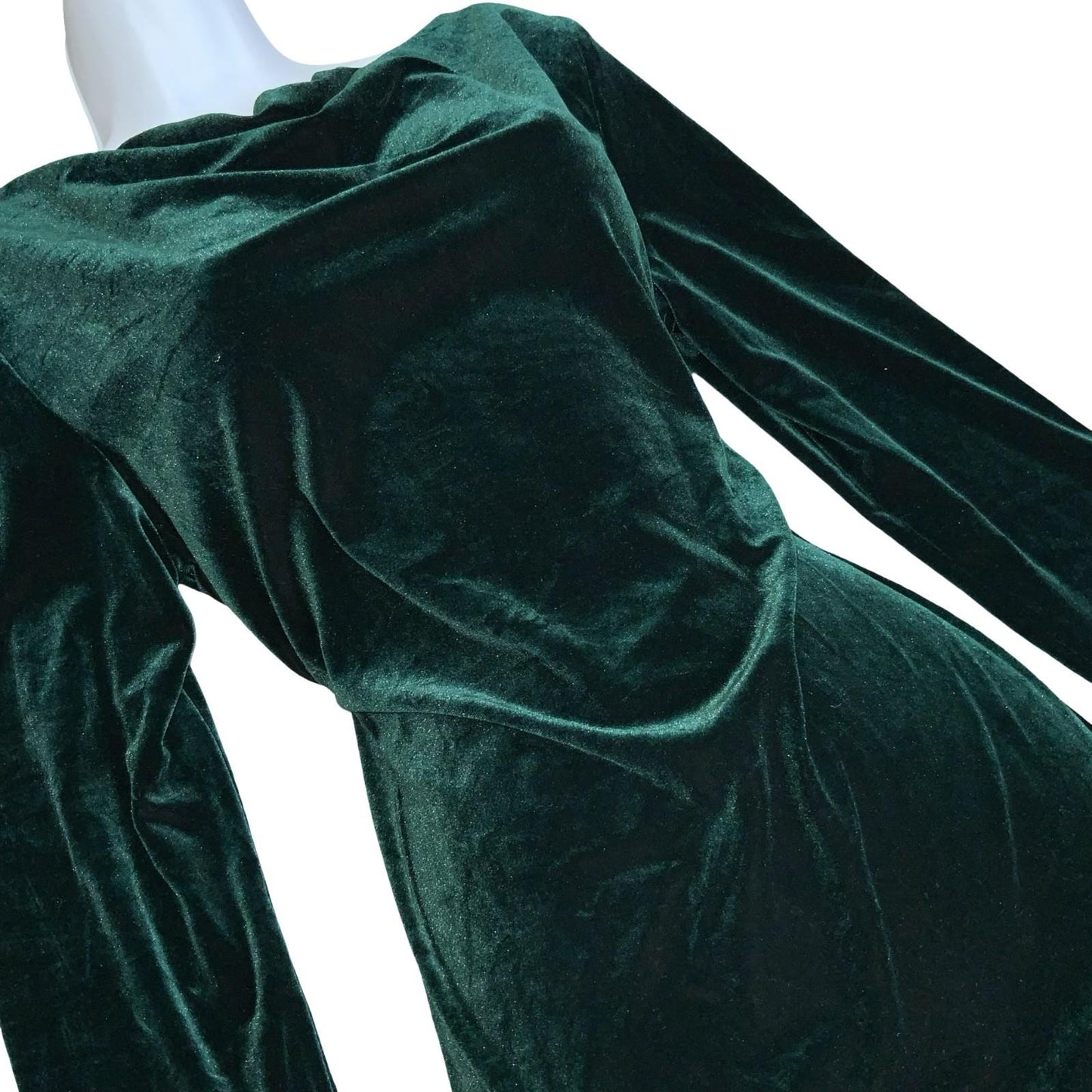 Vtg 80s 90s 'Social Circles' Green Velvet Cowl Neck Stretch Party Dress UK 14