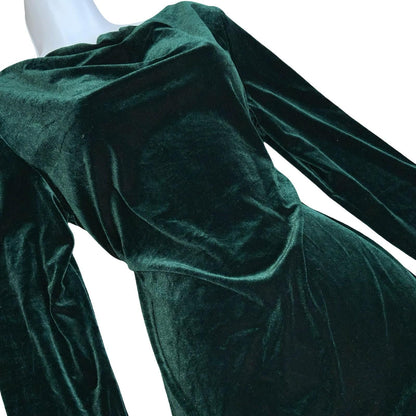 Vtg 80s 90s 'Social Circles' Green Velvet Cowl Neck Stretch Party Dress UK 14