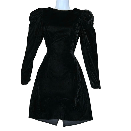 80s USA Union Made Black Velvet Big Shoulders Cocktail Party Mini Dress UK 10
