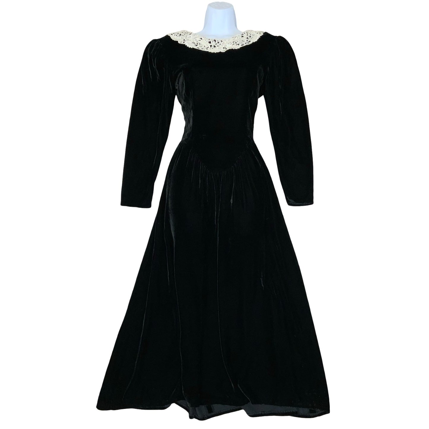 Vtg 'Jessica McClintock' Black Velvet Victoriana Gothic Romantic Midi Dress UK 8