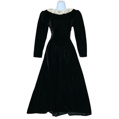 Vtg 'Jessica McClintock' Black Velvet Victoriana Gothic Romantic Midi Dress UK 8