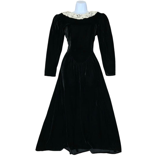 Vtg 'Jessica McClintock' Black Velvet Victoriana Gothic Romantic Midi Dress UK 8