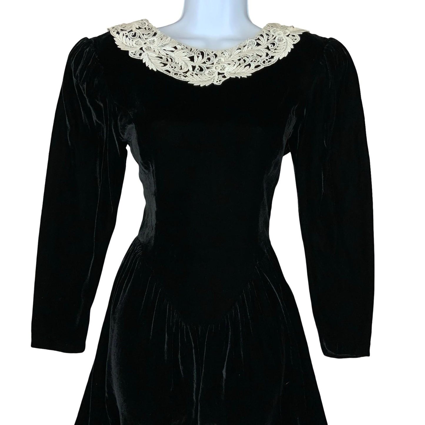 Vtg 'Jessica McClintock' Black Velvet Victoriana Gothic Romantic Midi Dress UK 8