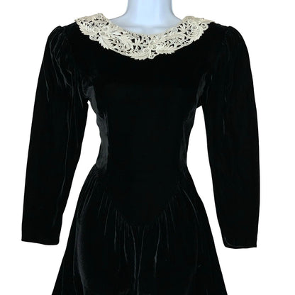 Vtg 'Jessica McClintock' Black Velvet Victoriana Gothic Romantic Midi Dress UK 8