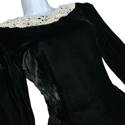 Vtg 'Jessica McClintock' Black Velvet Victoriana Gothic Romantic Midi Dress UK 8