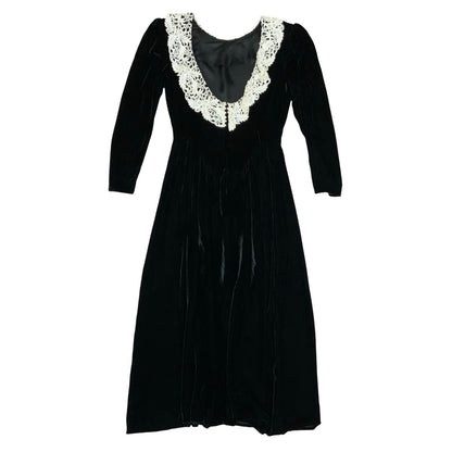 Vtg 'Jessica McClintock' Black Velvet Victoriana Gothic Romantic Midi Dress UK 8