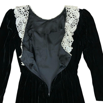 Vtg 'Jessica McClintock' Black Velvet Victoriana Gothic Romantic Midi Dress UK 8