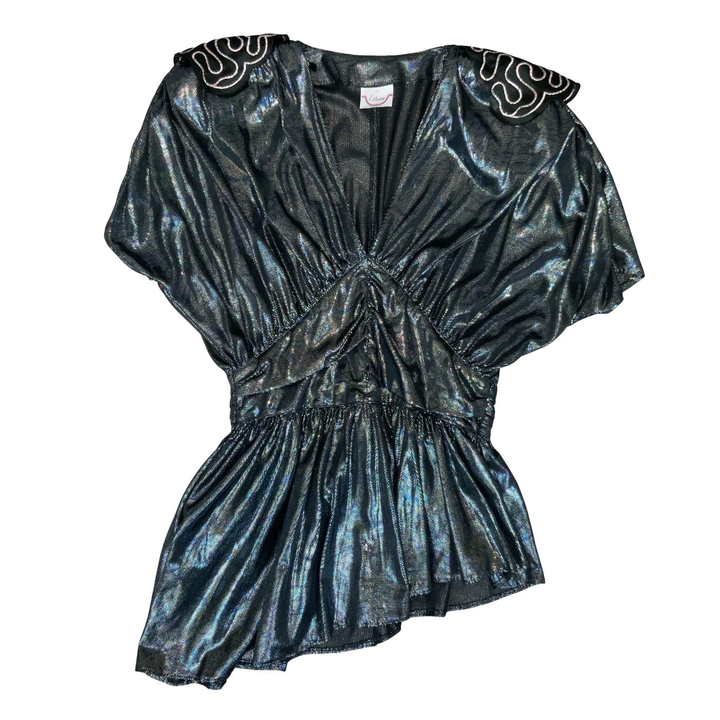 Vtg 'Etienne' Gun Metal Silver Metallic Disco Party Xmas Ruched Blouse Top UK 10