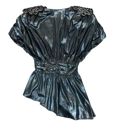 Vtg 'Etienne' Gun Metal Silver Metallic Disco Party Xmas Ruched Blouse Top UK 10