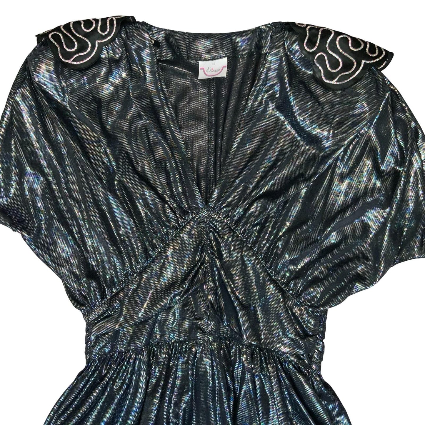 Vtg 'Etienne' Gun Metal Silver Metallic Disco Party Xmas Ruched Blouse Top UK 10