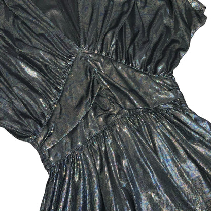 Vtg 'Etienne' Gun Metal Silver Metallic Disco Party Xmas Ruched Blouse Top UK 10