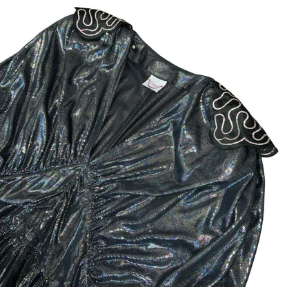 Vtg 'Etienne' Gun Metal Silver Metallic Disco Party Xmas Ruched Blouse Top UK 10