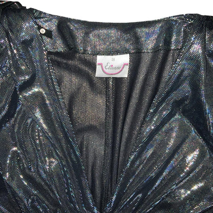 Vtg 'Etienne' Gun Metal Silver Metallic Disco Party Xmas Ruched Blouse Top UK 10