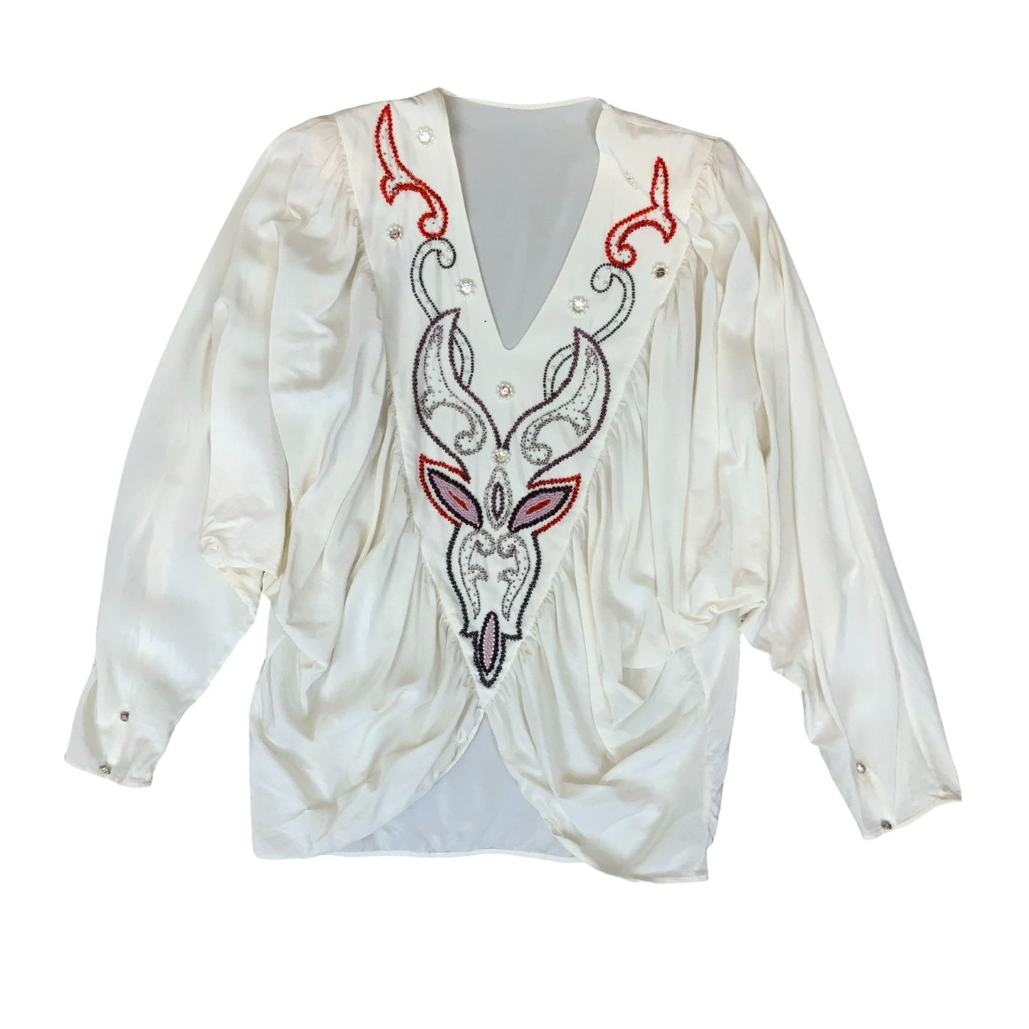 Vtg 80s White Embroidered V-Neck Bat-Wing Power Dressing Party Blouse UK 16