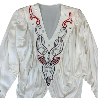 Vtg 80s White Embroidered V-Neck Bat-Wing Power Dressing Party Blouse UK 16