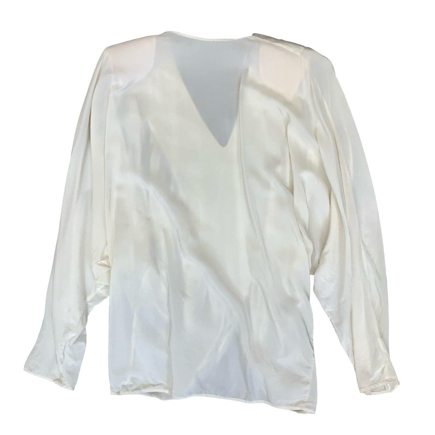 Vtg 80s White Embroidered V-Neck Bat-Wing Power Dressing Party Blouse UK 16