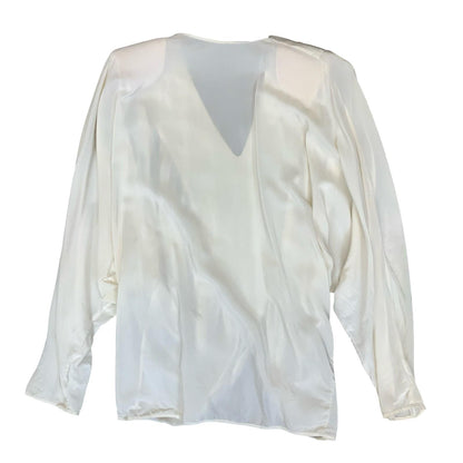 Vtg 80s White Embroidered V-Neck Bat-Wing Power Dressing Party Blouse UK 16