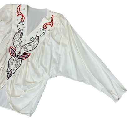 Vtg 80s White Embroidered V-Neck Bat-Wing Power Dressing Party Blouse UK 16