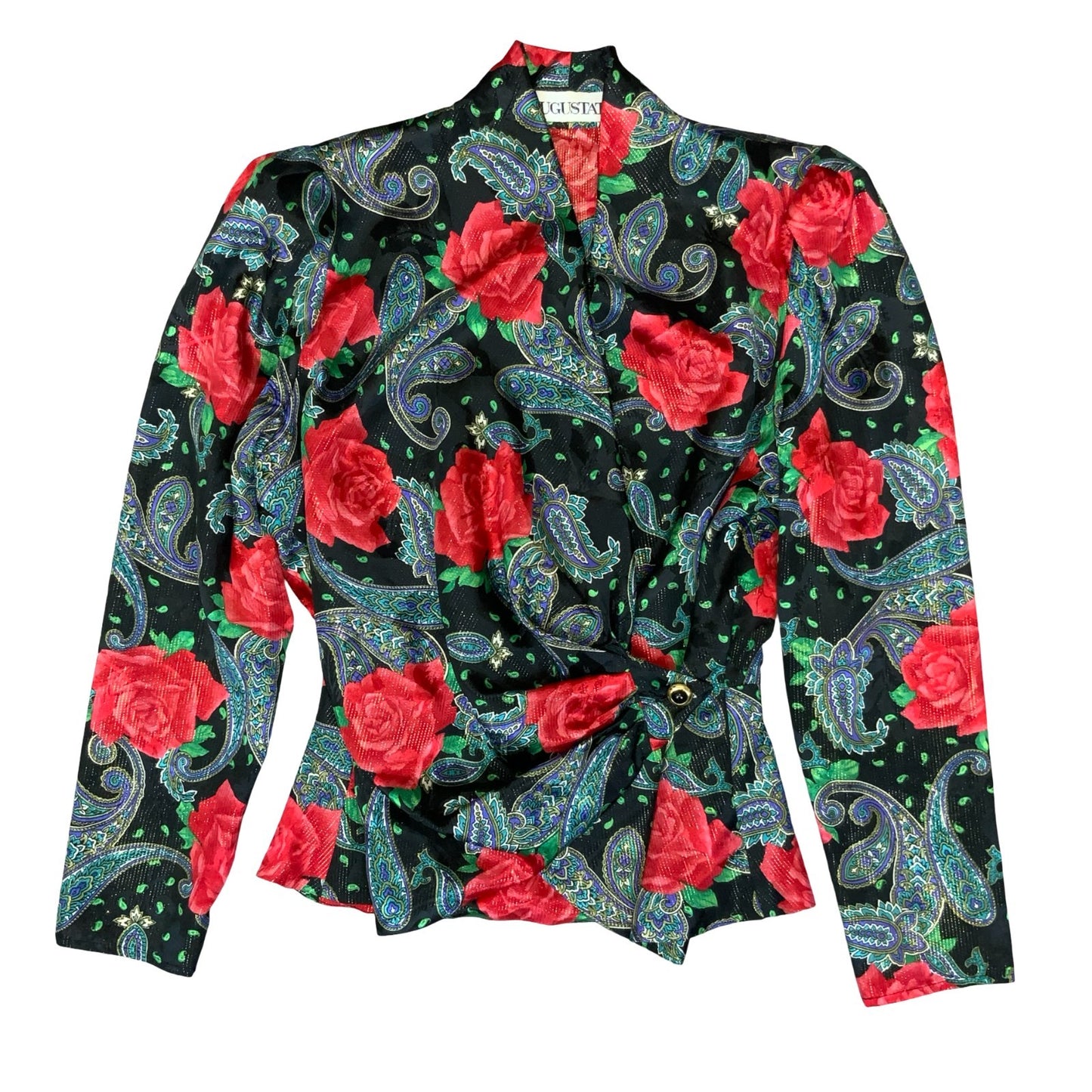 80s 'Augustat' Black Glitter Rose Paisley Wrap-Style Disco Party Blouse UK 12