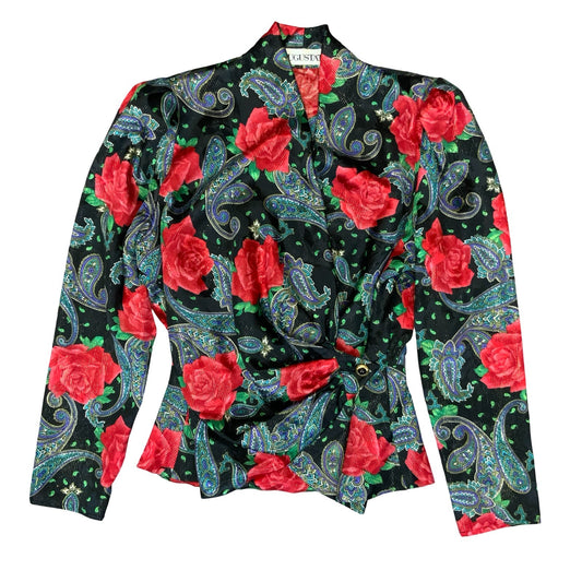 80s 'Augustat' Black Glitter Rose Paisley Wrap-Style Disco Party Blouse UK 12