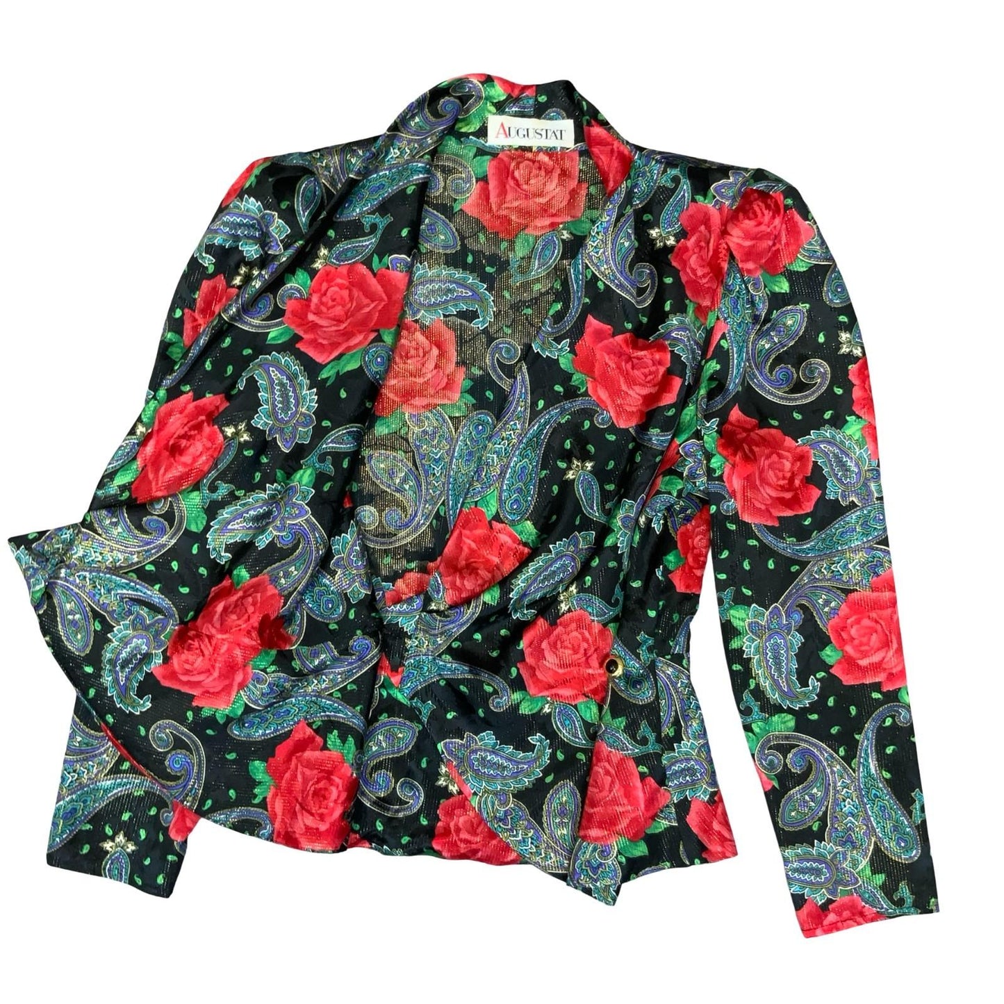 80s 'Augustat' Black Glitter Rose Paisley Wrap-Style Disco Party Blouse UK 12