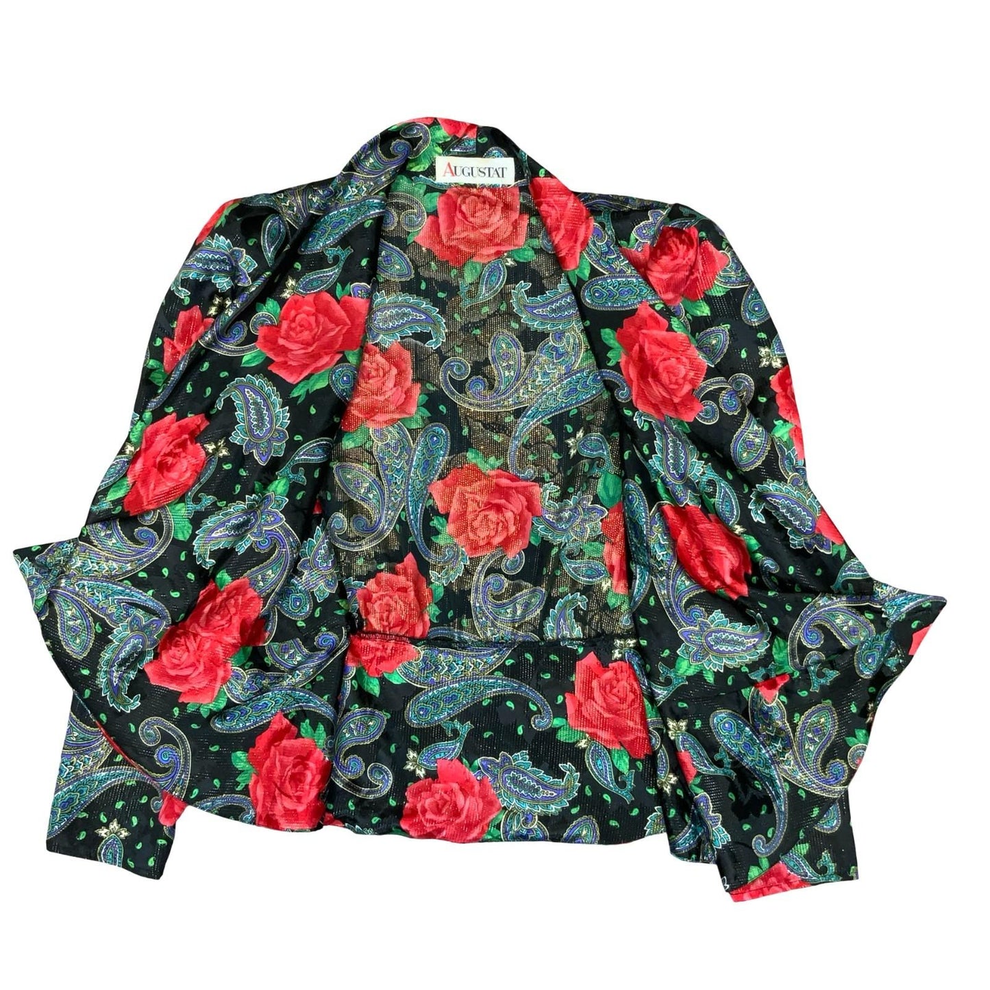 80s 'Augustat' Black Glitter Rose Paisley Wrap-Style Disco Party Blouse UK 12
