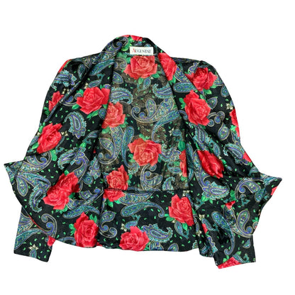 80s 'Augustat' Black Glitter Rose Paisley Wrap-Style Disco Party Blouse UK 12