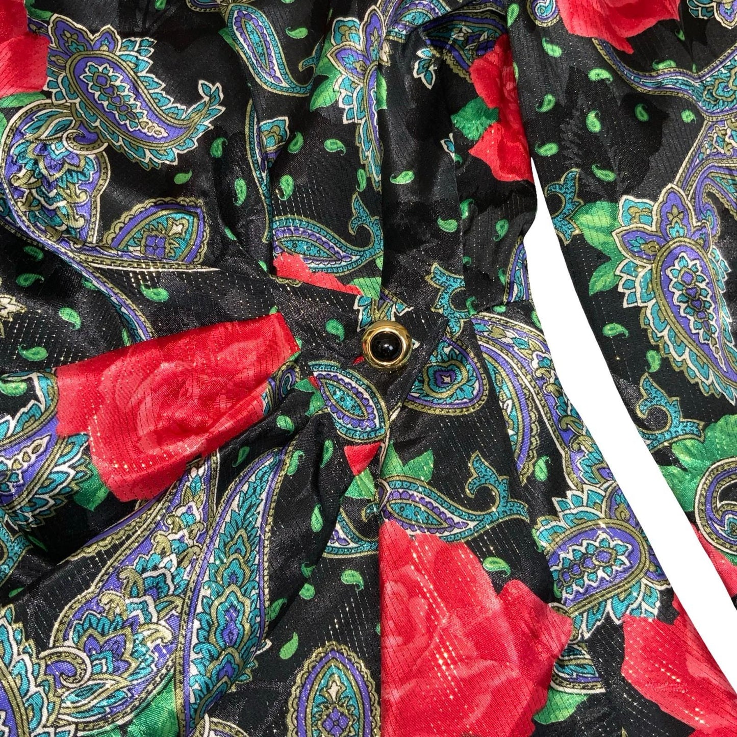 80s 'Augustat' Black Glitter Rose Paisley Wrap-Style Disco Party Blouse UK 12