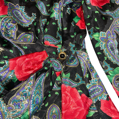 80s 'Augustat' Black Glitter Rose Paisley Wrap-Style Disco Party Blouse UK 12