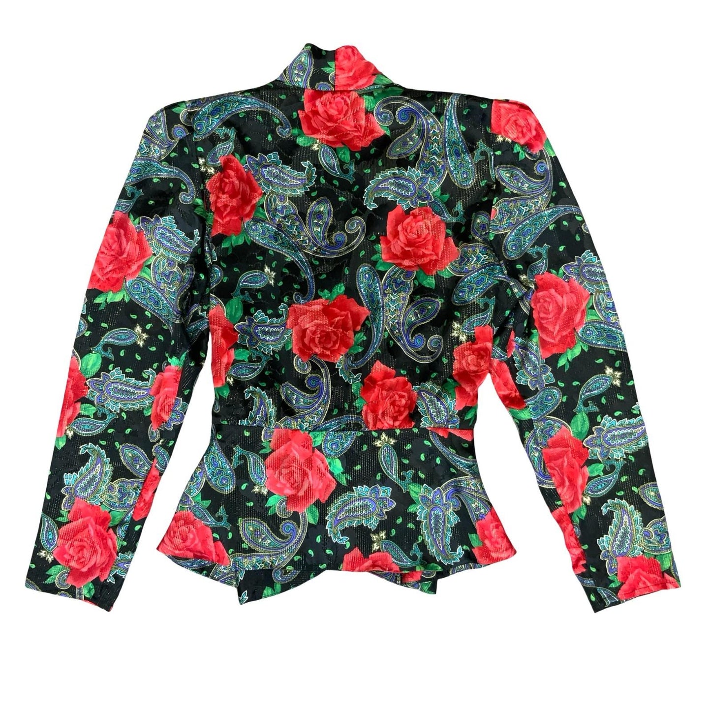 80s 'Augustat' Black Glitter Rose Paisley Wrap-Style Disco Party Blouse UK 12