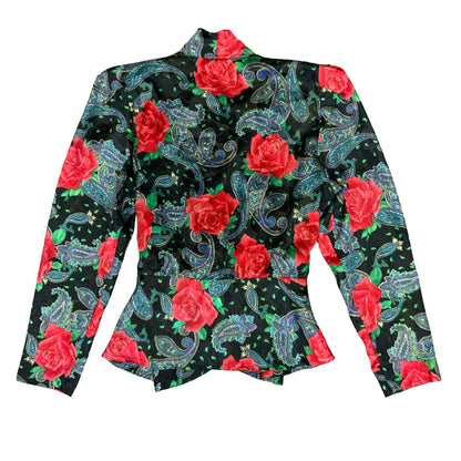 80s 'Augustat' Black Glitter Rose Paisley Wrap-Style Disco Party Blouse UK 12