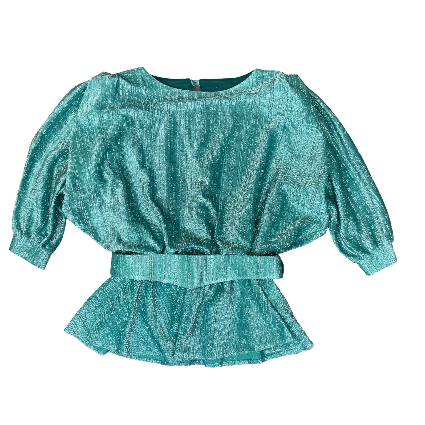80s 'Golden Gate' Teal Green Glitter Peplum Belt Disco Party Blouse UK 8/10