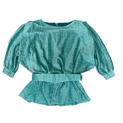 80s 'Golden Gate' Teal Green Glitter Peplum Belt Disco Party Blouse UK 8/10