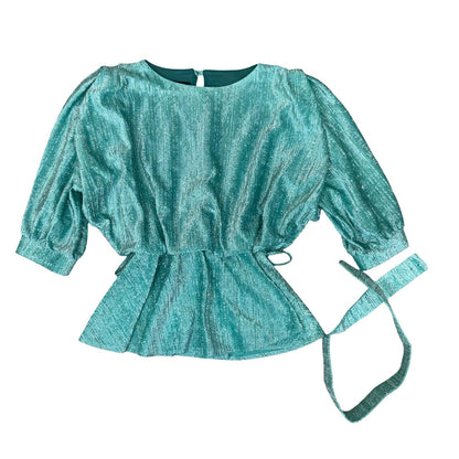 80s 'Golden Gate' Teal Green Glitter Peplum Belt Disco Party Blouse UK 8/10