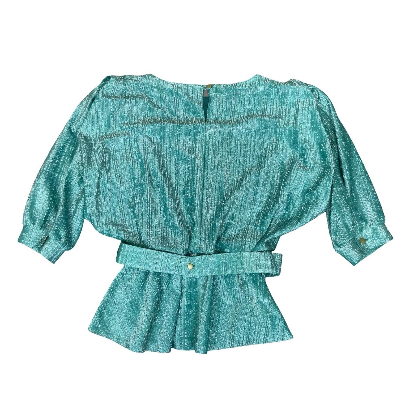 80s 'Golden Gate' Teal Green Glitter Peplum Belt Disco Party Blouse UK 8/10