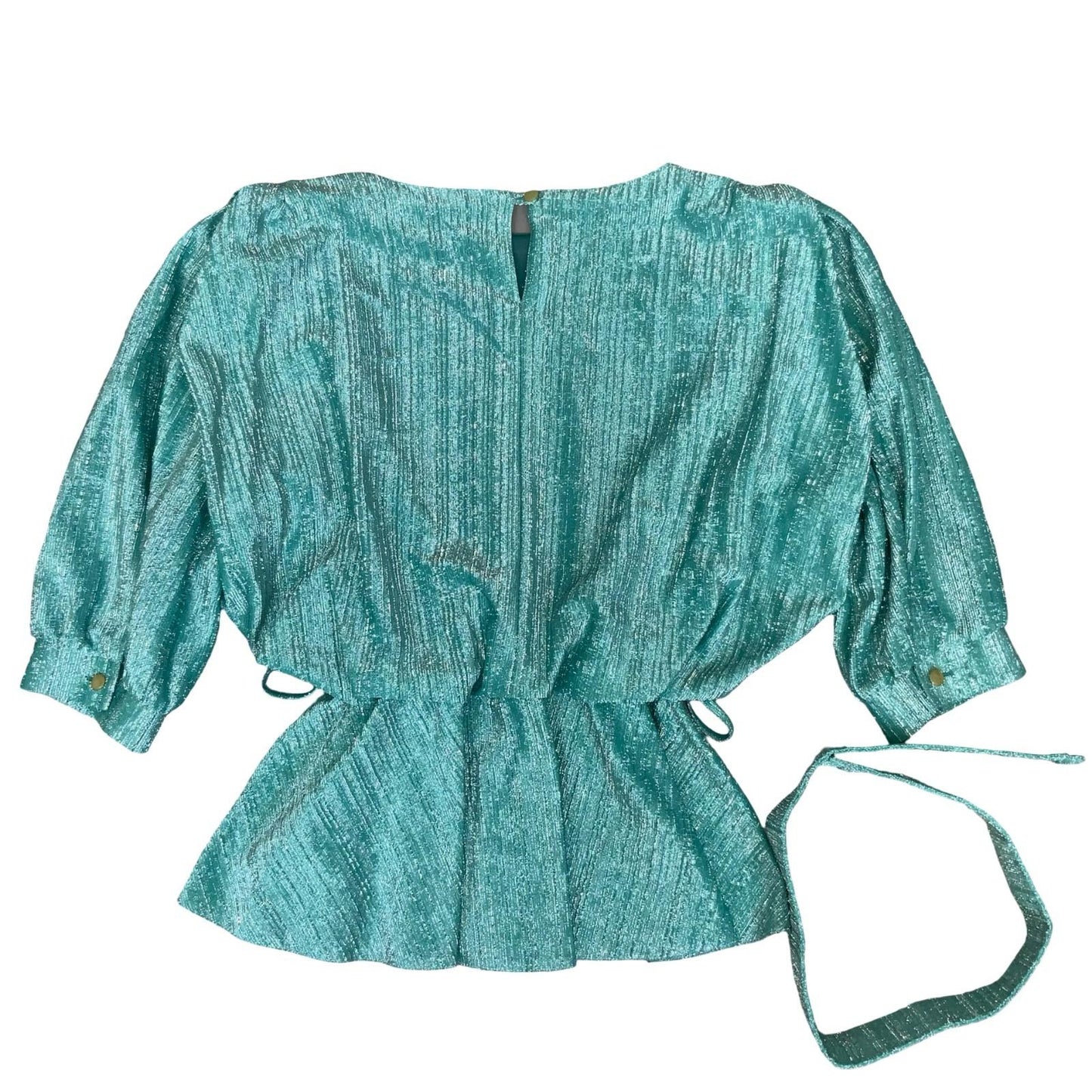 80s 'Golden Gate' Teal Green Glitter Peplum Belt Disco Party Blouse UK 8/10
