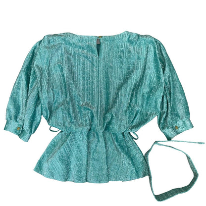 80s 'Golden Gate' Teal Green Glitter Peplum Belt Disco Party Blouse UK 8/10