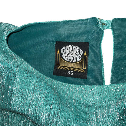 80s 'Golden Gate' Teal Green Glitter Peplum Belt Disco Party Blouse UK 8/10