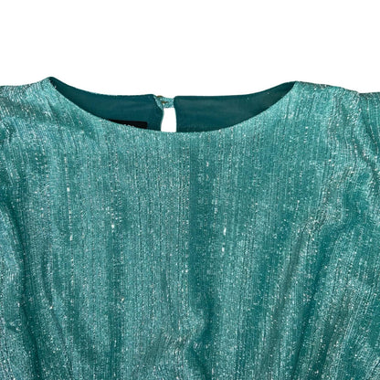 80s 'Golden Gate' Teal Green Glitter Peplum Belt Disco Party Blouse UK 8/10