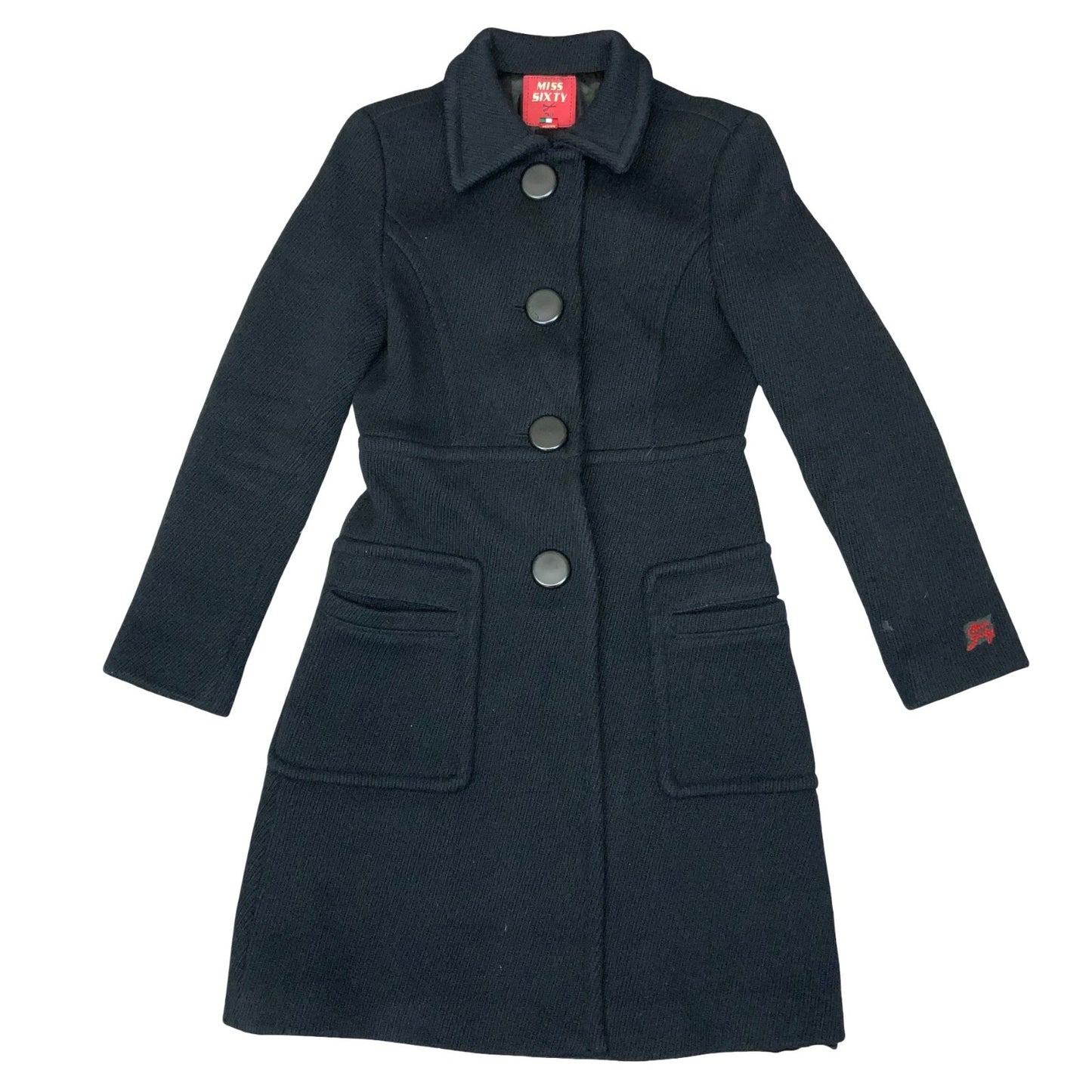 Vtg 'Miss Sixty' Black Italian Sharp Fit Petite Warm Wool Winter Long Coat UK 8