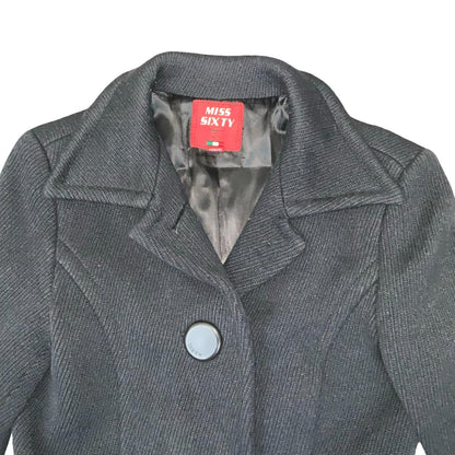 Vtg 'Miss Sixty' Black Italian Sharp Fit Petite Warm Wool Winter Long Coat UK 8