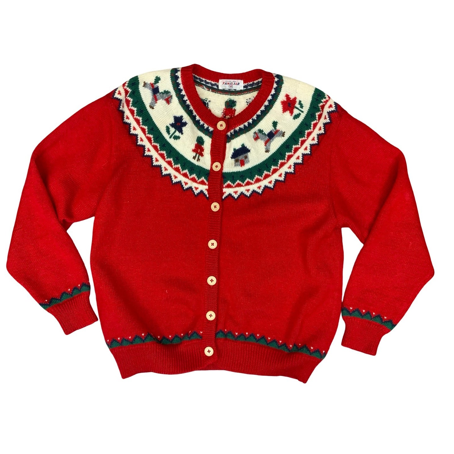 Vtg 'Familiar' Red Novelty Graphic Xmas Motif Scandi Wool Knit Cardigan UK 12