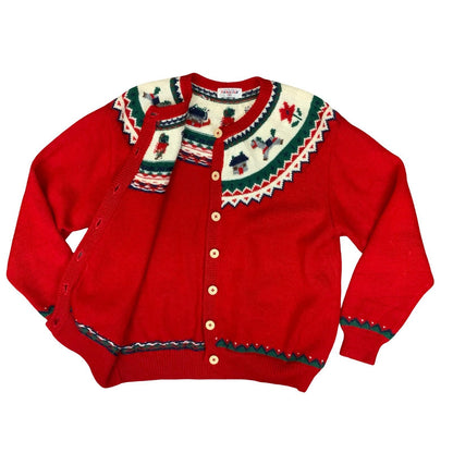 Vtg 'Familiar' Red Novelty Graphic Xmas Motif Scandi Wool Knit Cardigan UK 12